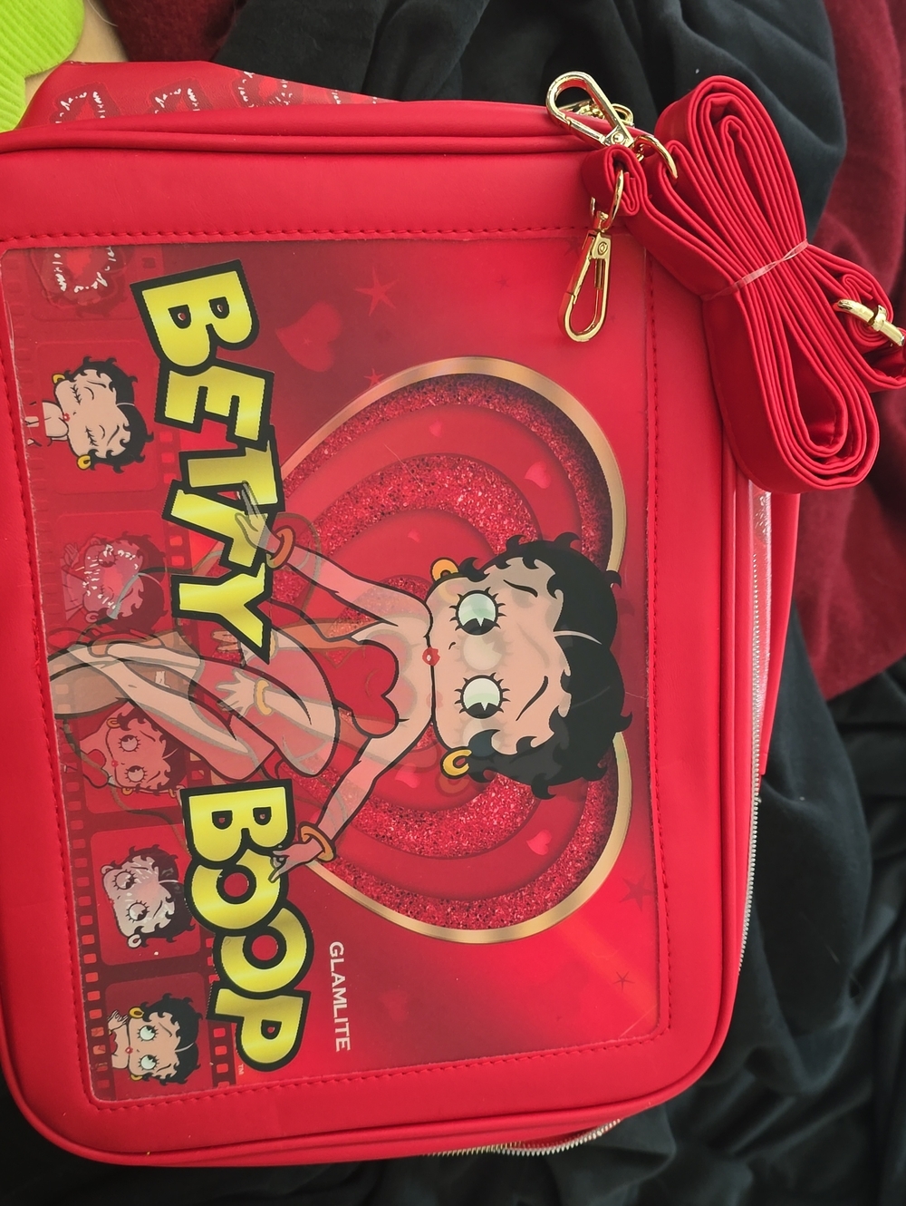 Betty Boop Red Crossbody with Heart Graphic and Gold Hardware